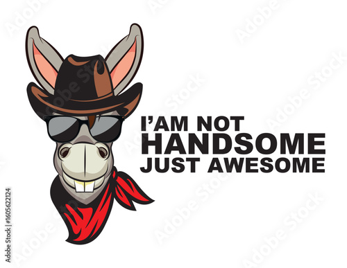 Cartoon funny cowboy donkey mascot. donkey motivational and inspirational vector poster. Simple cute donkey drawing with lettering. You are handsome quote.