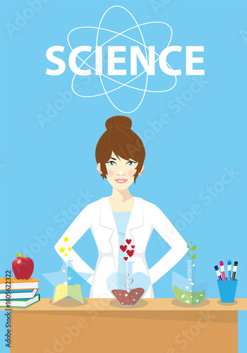 Female scientist in lab coat checking artificial neurons connected into neural network. Computational neuroscience, machine learning, scientific research. Vector illustration in flat cartoon style.