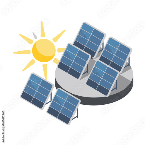 Array of solar panels with a bright sun illustration