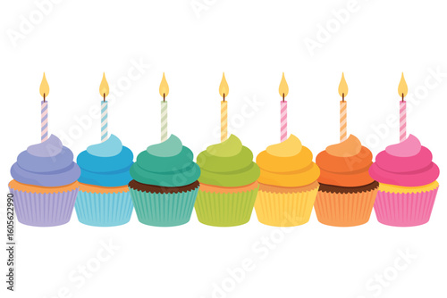 Colorful cupcakes with lit birthday candles in a row