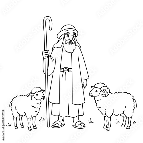 Shepherd with ram and sheep line art for Christmas nativity coloring page