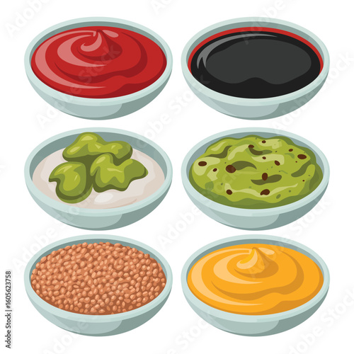 Six bowls of various sauces and condiments arranged in a grid