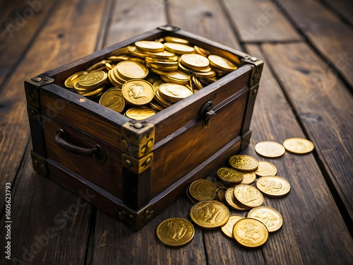 Golden Riches: An antique wooden chest overflows with gleaming golden coins, sitting on weathered wooden planks, creating a stunning contrast that evokes themes of wealth and history.