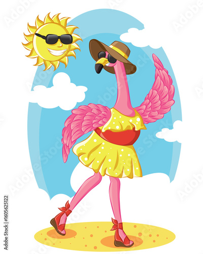 Beautiful pink flamingo wearing summer hat with sun on the beach vector illustration.