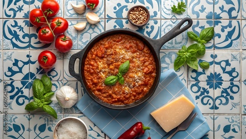 Homemade Tomato Sauce in Cast Iron Skillet with Fresh Ingredients on Mediterranean Tiles