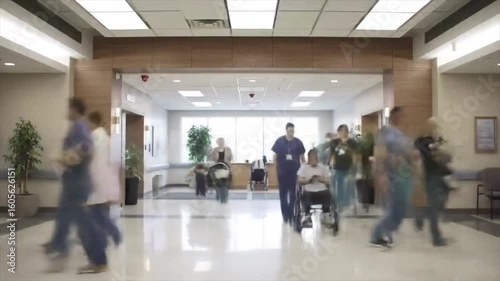 Time-lapse of busy medical staff and patients in a modern hospital lobby.