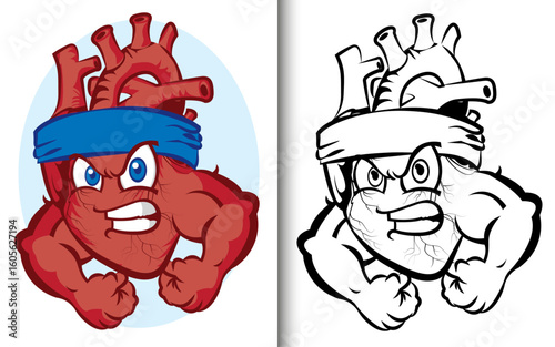 Vector coloring for adults. Funny strong heart character