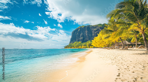 A paradise beach resort on Mauritius Island, featuring palm trees and tropical sea views, perfect for summer vacations and showcasing Le Morne beach.