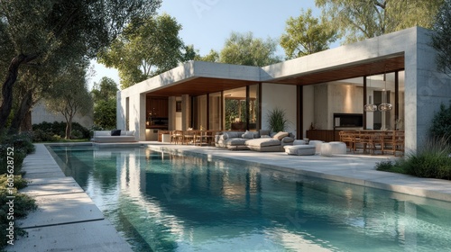 Luxury Villa with Swimming Pool Amidst Lush Greenery on a Sunny Day