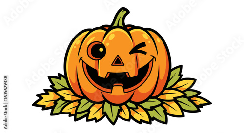 Vector SVG Illustration of a Cartoon Halloween Pumpkin with Leaves Flat Design