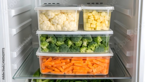 Plastic Containers with Fresh Cut Vegetables and Fruits in Refrigerator