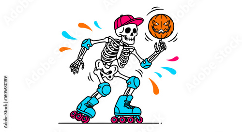 Fun Halloween Vector SVG Illustration of Roller Skating Skeleton with Pumpkin Head Flat Design