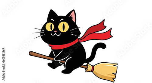 Cartoon Vector SVG Illustration of a Black Cat riding a Broomstick with Red Scarf Flat Design Style