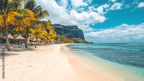 A paradise beach resort on Mauritius Island, featuring palm trees and tropical sea views, perfect for summer vacations and showcasing Le Morne beach.