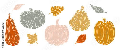 Vector set of hand-drawn pumpkins and autumn leaves. Flat minimal style in warm orange, beige, and sage green. Ideal for stickers, DIY crafts, seasonal decor, prints, cards, invitations.