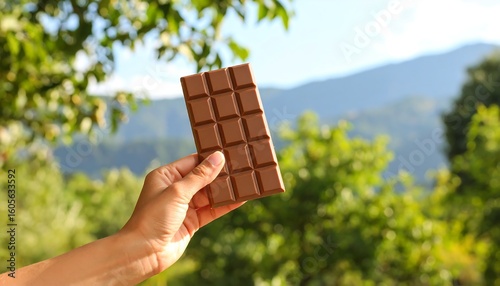 A hand holds a chocolate bar against a blurred background of trees and mountains