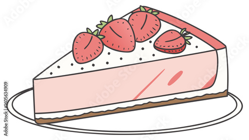 A slice of strawberry cheesecake with strawberries on top on a white plate with a brown crust edge