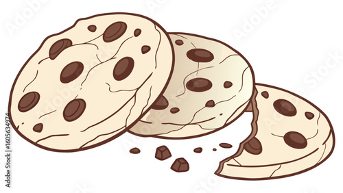 Illustration of three chocolate chip cookies with one partially eaten and crumbs scattered around it