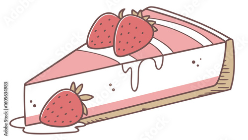 A slice of strawberry cheesecake with two strawberries on top and one on the side with dripping icing