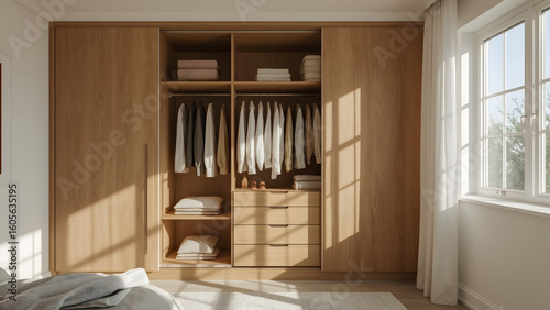 A well-lit bedroom interior featuring a wooden wardrobe, clothing, and a window.