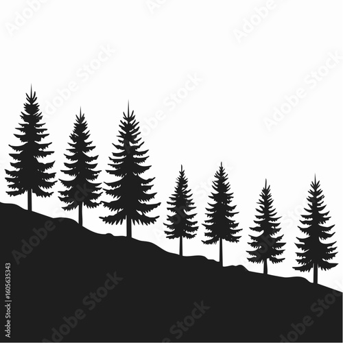 Silhouette of evergreen trees on a hillside against a white background