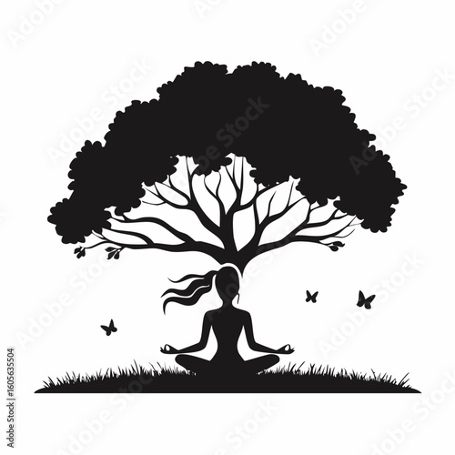 Silhouette of a woman meditating under a tree with butterflies around her