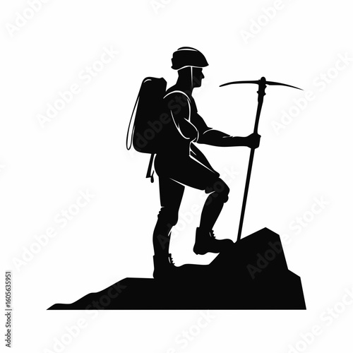 Silhouette of a mountain climber on a peak with ice axe vector graphic