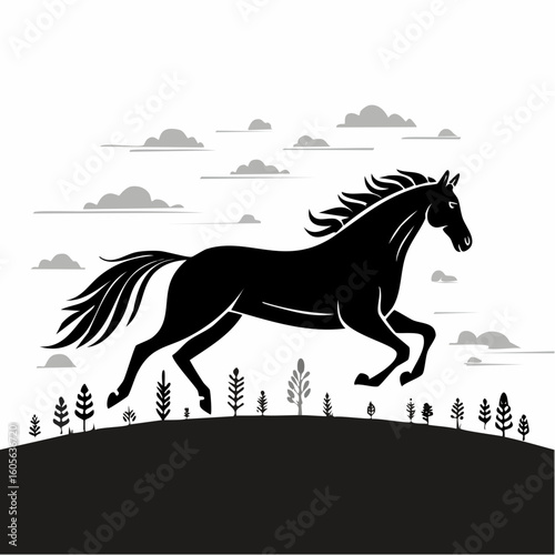 Black horse galloping across a grassy hill under a cloudy sky illustration