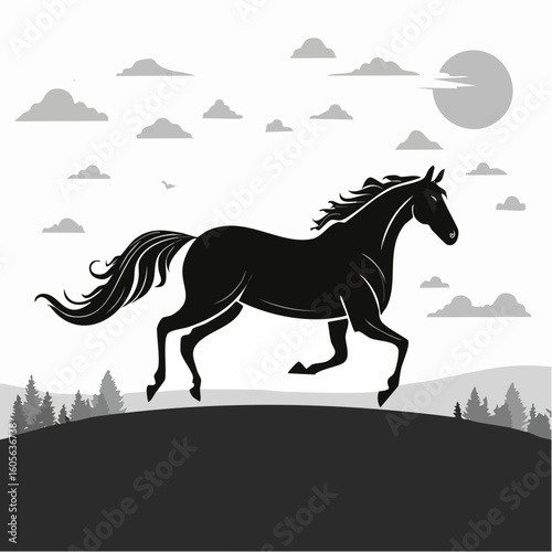 Majestic horse galloping across a scenic landscape under a cloudy sky
