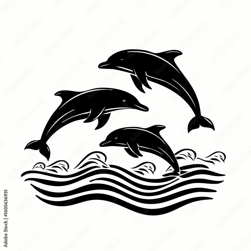 Obraz premium Three dolphins jumping over ocean waves in black and white vector art