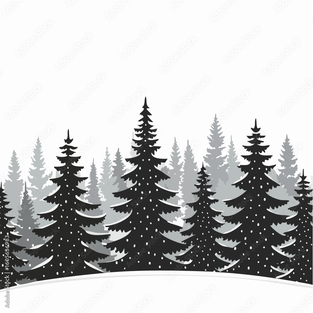 Obraz premium Snowy winter forest landscape with silhouette evergreen trees vector art
