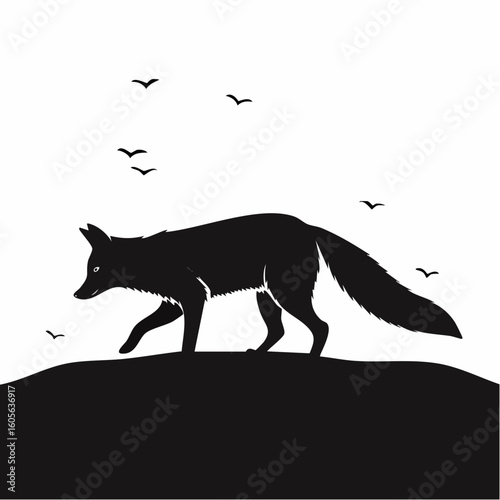 Silhouette of a fox walking on a hill with birds flying in the sky above