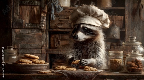 Baking Raccoon in a Chef Hat: Adorable Animal Chef Making Cookies in a Rustic Kitchen