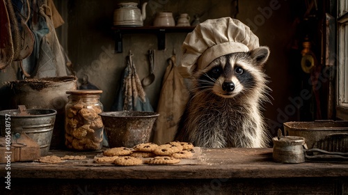 Baking Raccoon in a Chef Hat: Adorable Animal Chef Making Cookies in a Rustic Kitchen