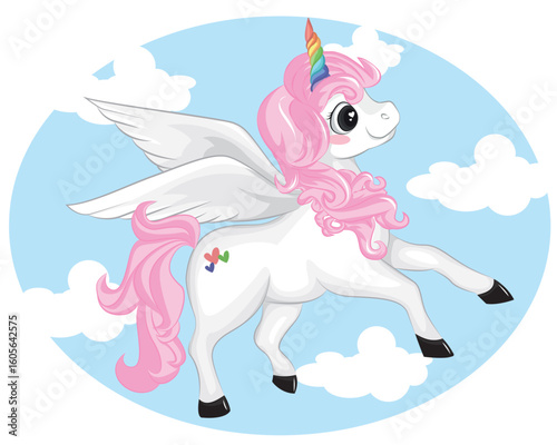 Beautiful unicorn cartoon on a cloud. Design for kids. Fashion illustration drawing in modern style for clothes. Girlish print. Beautiful cloud, unicorn.