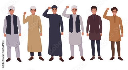 Cartoon illustrations of young Muslim men in fashionable and modest clothing shown a powerful and confident poses 