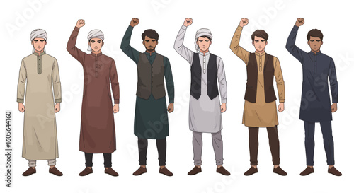 Cartoon illustrations of young Muslim men in fashionable and modest clothing shown a powerful and confident poses 