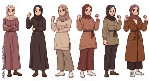 Cartoon illustrations of young Muslim woman in fashionable and modest clothing shown a powerful and confident poses