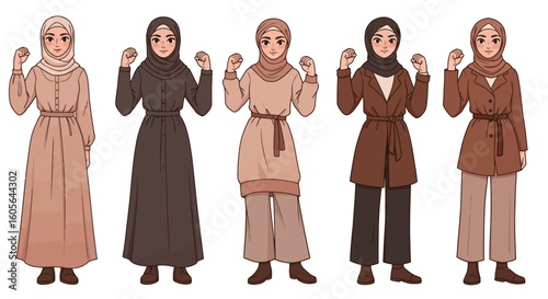 Cartoon illustrations of young Muslim woman in fashionable and modest clothing shown a powerful and confident poses