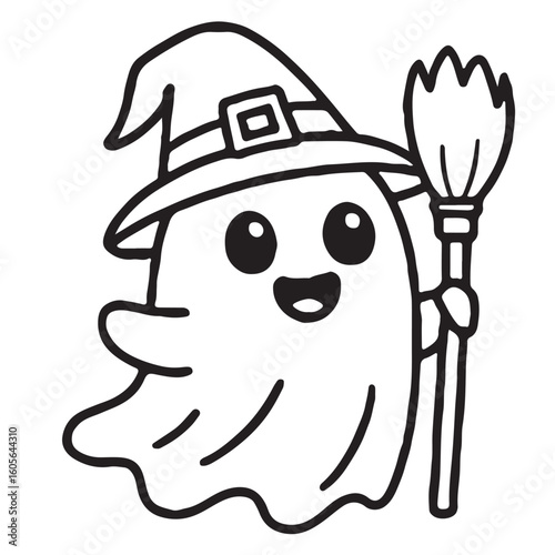 Cute little cartoon ghost with a broom on a white background