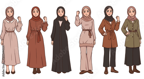 Cartoon illustrations of young Muslim woman in fashionable and modest clothing shown a powerful and confident poses