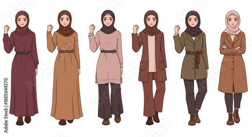 Cartoon illustrations of young Muslim woman in fashionable and modest clothing shown a powerful and confident poses