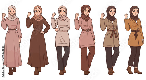 Cartoon illustrations of young Muslim woman in fashionable and modest clothing shown a powerful and confident poses