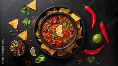 Spicy Chili Con Carne with Tortilla Chips and Fresh Garnish – Top View