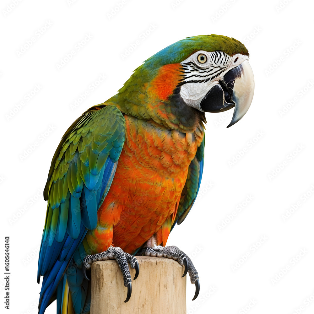 Fototapeta premium Colorful Macaw Perched on Wooden Post.