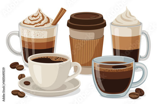 Assortment of delicious coffee drinks in cups and mugs with coffee beans