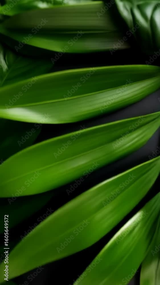 Lush green tropical leaves arranged on a dark surface create a striking natural pattern, ideal for background or graphic design elements. Lush green tropical leaves arranged on a dark surface create a striking natural pattern, ideal for background or graphic design elements.