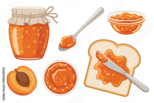 Delicious apricot jam spread on toast with fresh fruit and jar