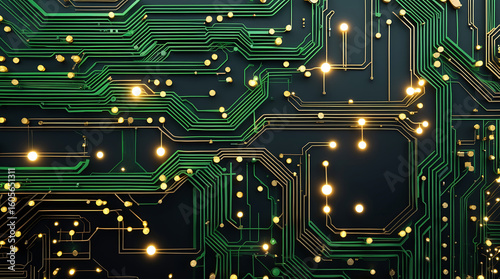 Close-up view of intricate circuit board pathways with glowing components.