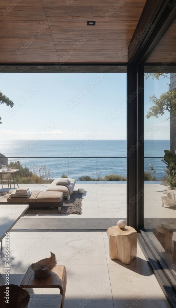 Fototapeta premium Modern beach house living area offers stunning ocean views. Features stylish outdoor space with comfortable seating and wooden accents. Enjoy luxury summer vacation lifestyle.